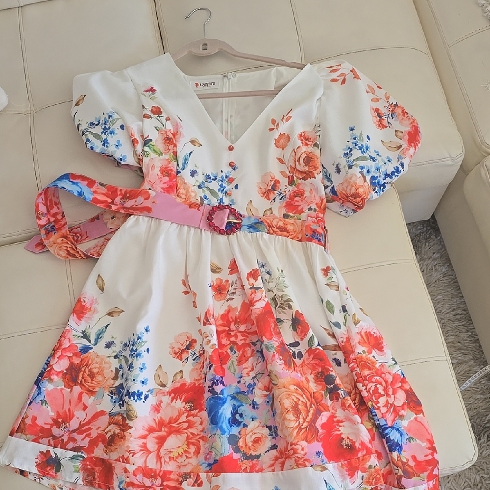 L'ATISTE Orange and White Puff Sleeve Mini Sundress